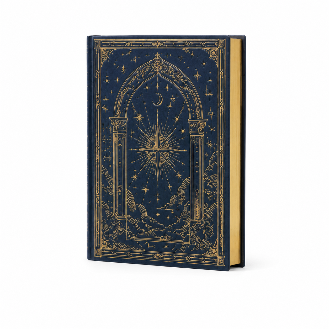 Cuaderno tapa dura con portal celestial dorado sobre fondo azul nocturno, vista frontal