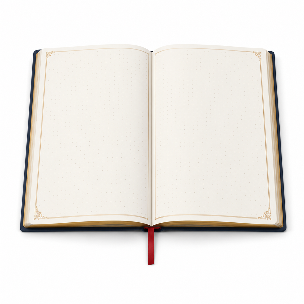 Cuaderno abierto mostrando 144 páginas lisas y cinta marcadora roja