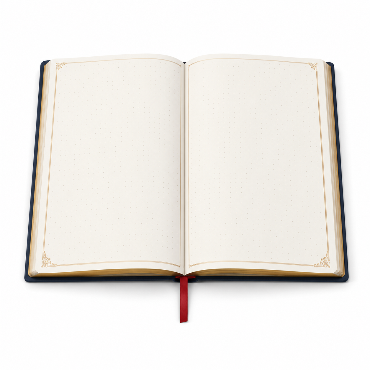 Cuaderno abierto mostrando 144 páginas lisas y cinta marcadora roja