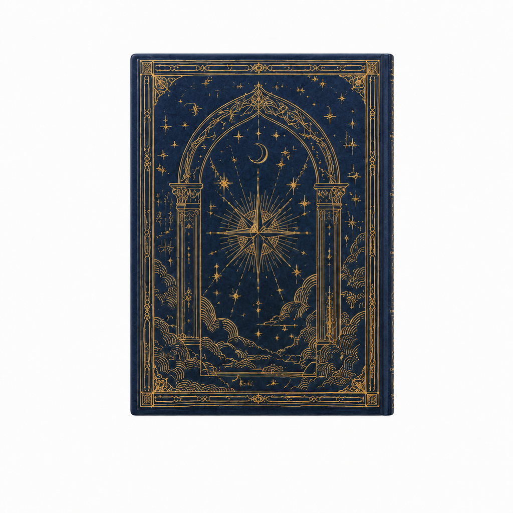 Vista trasera del cuaderno con ornamentación dorada continua