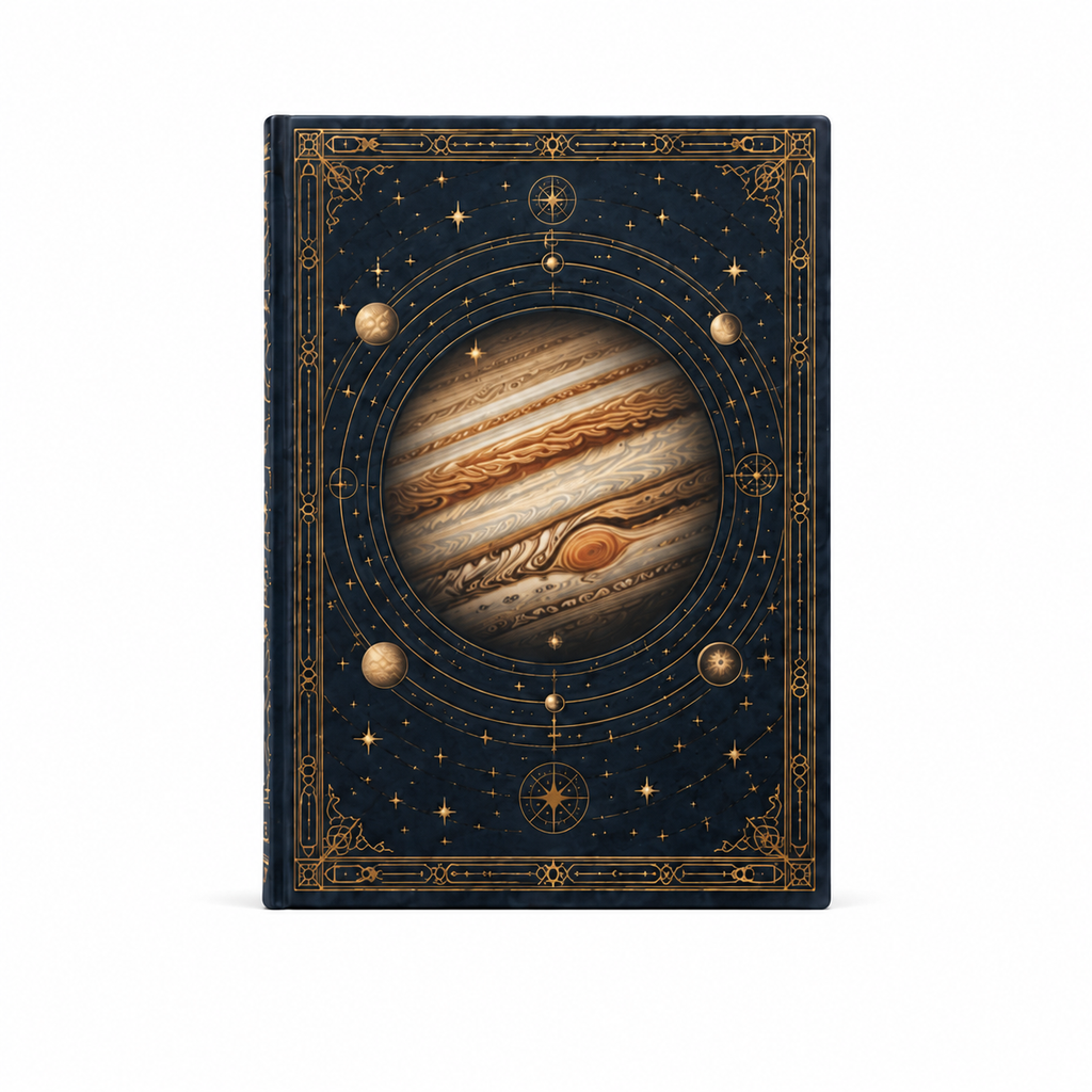 Detalle del planeta y las órbitas doradas en la cubierta del cuaderno