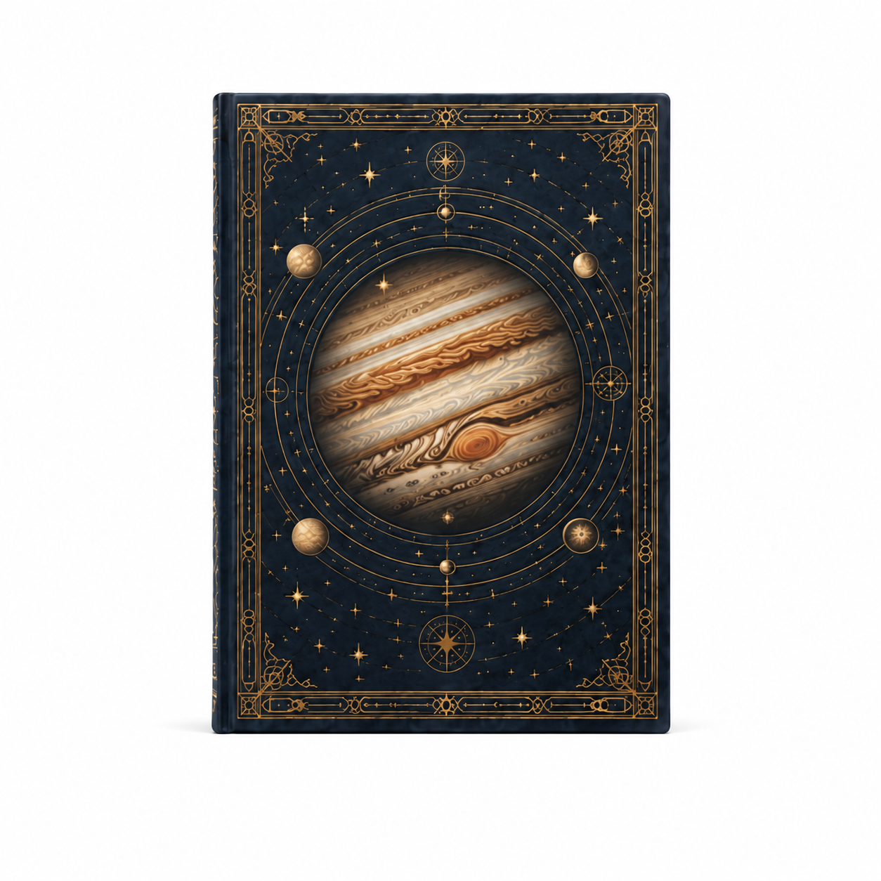 Detalle del planeta y las órbitas doradas en la cubierta del cuaderno
