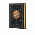 Cuaderno tapa dura con planeta Júpiter sobre fondo cósmico estrellado, vista frontal