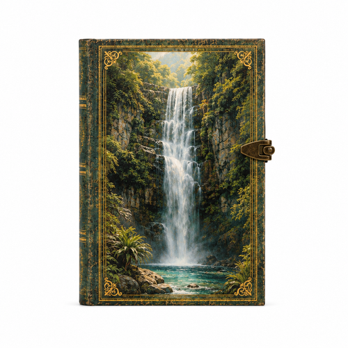 Detalle de la cascada y la vegetación en la cubierta del cuaderno