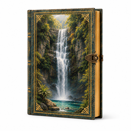 Cuaderno tapa dura con cascada y bosque esmeralda enmarcados en oro, vista frontal
