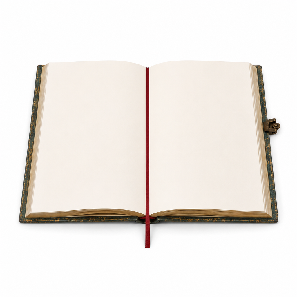 Cuaderno abierto mostrando 124 páginas lisas y cinta marcadora roja