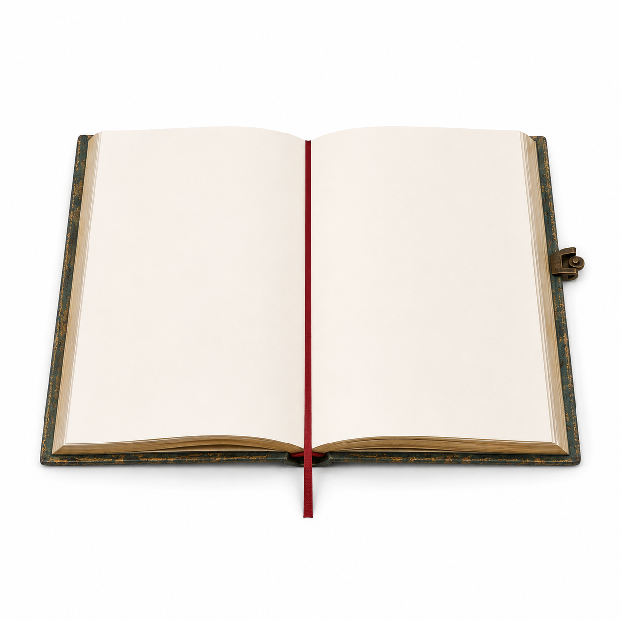 Cuaderno abierto mostrando 124 páginas lisas y cinta marcadora roja