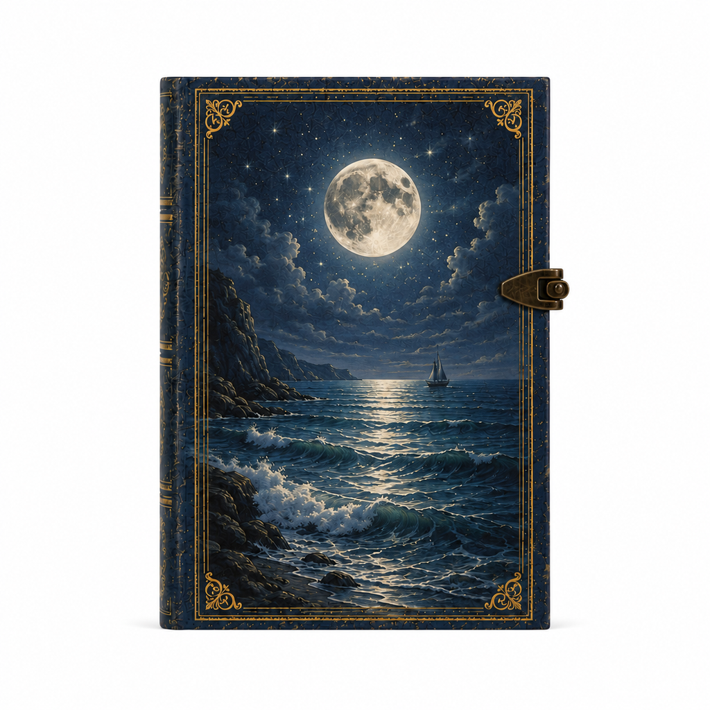 Detalle de la luna reflejándose sobre el mar en la cubierta del cuaderno