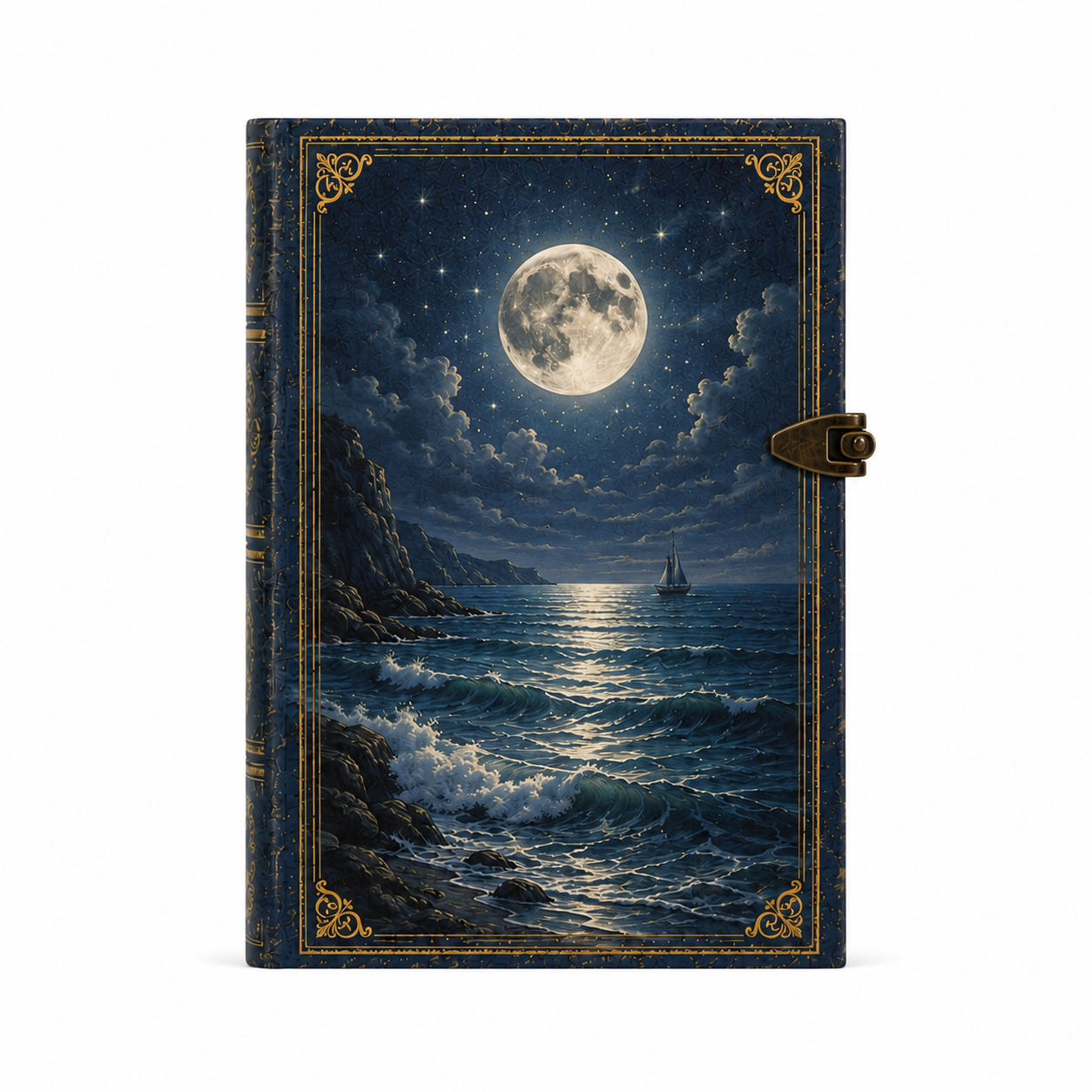 Detalle de la luna reflejándose sobre el mar en la cubierta del cuaderno