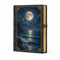 Cuaderno tapa dura con paisaje marino nocturno y luna llena, vista frontal