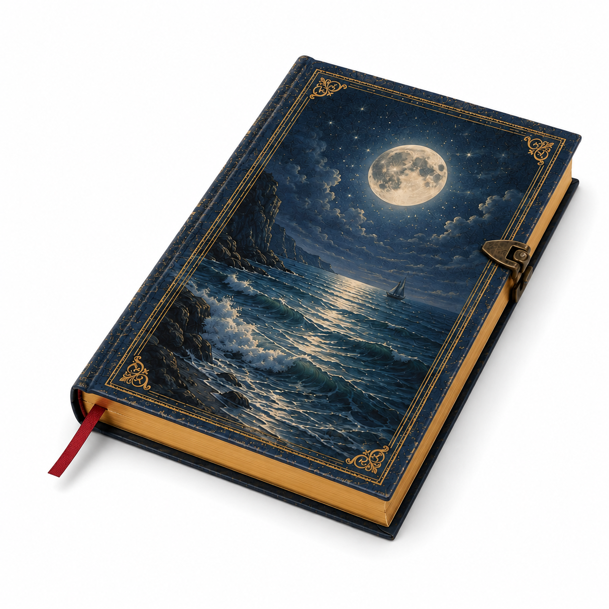 Cuaderno tapa dura con cierre elástico y cantos decorados, vista lateral