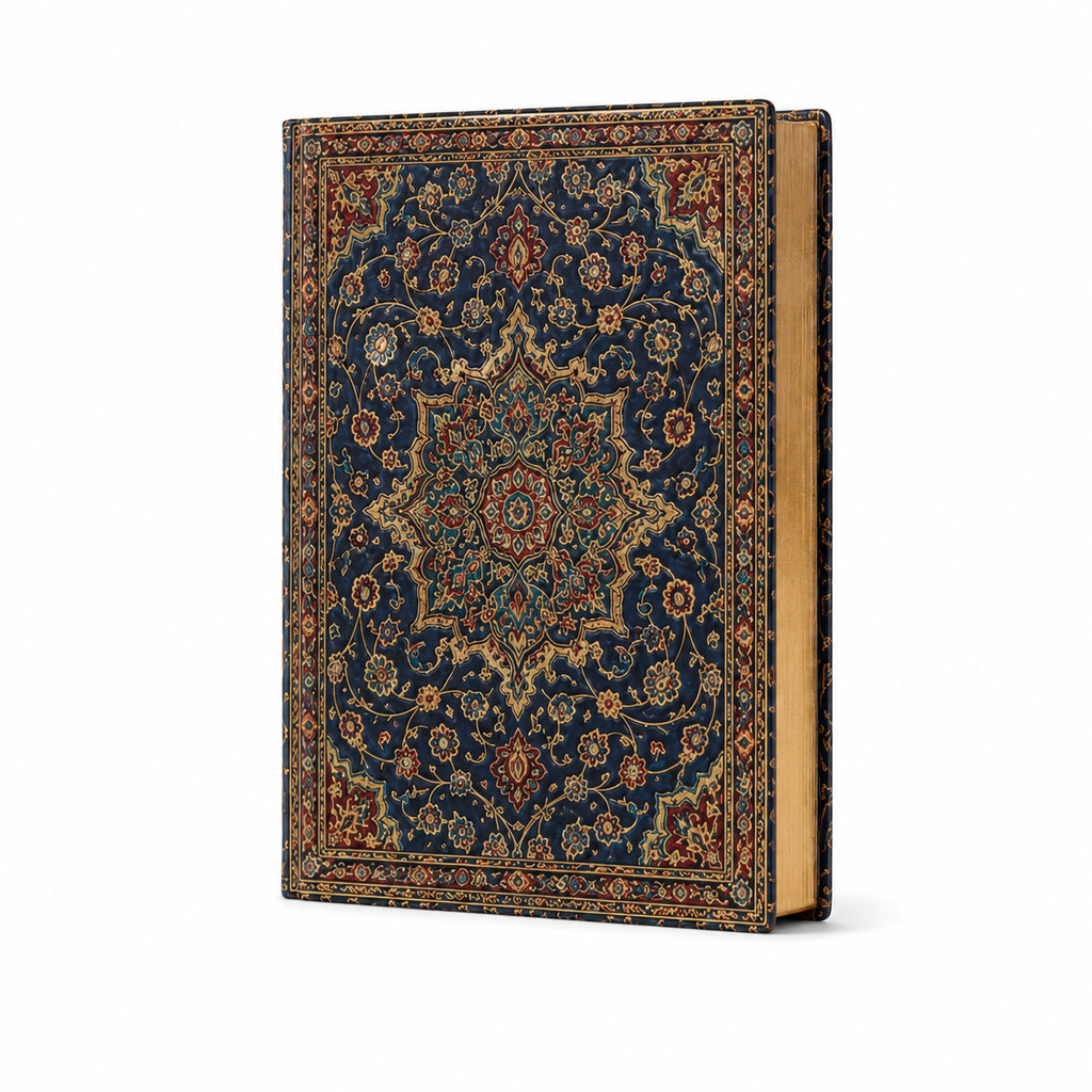 Cuaderno tapa dura con mosaico persa en azul profundo y rojo, vista frontal