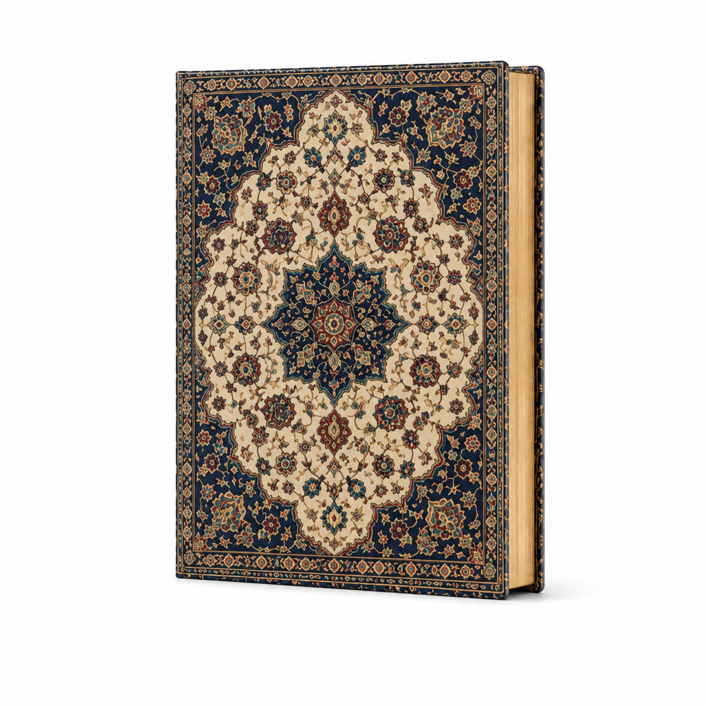 Cuaderno tapa dura con diseño de tapiz persa carmesí y dorado, vista frontal