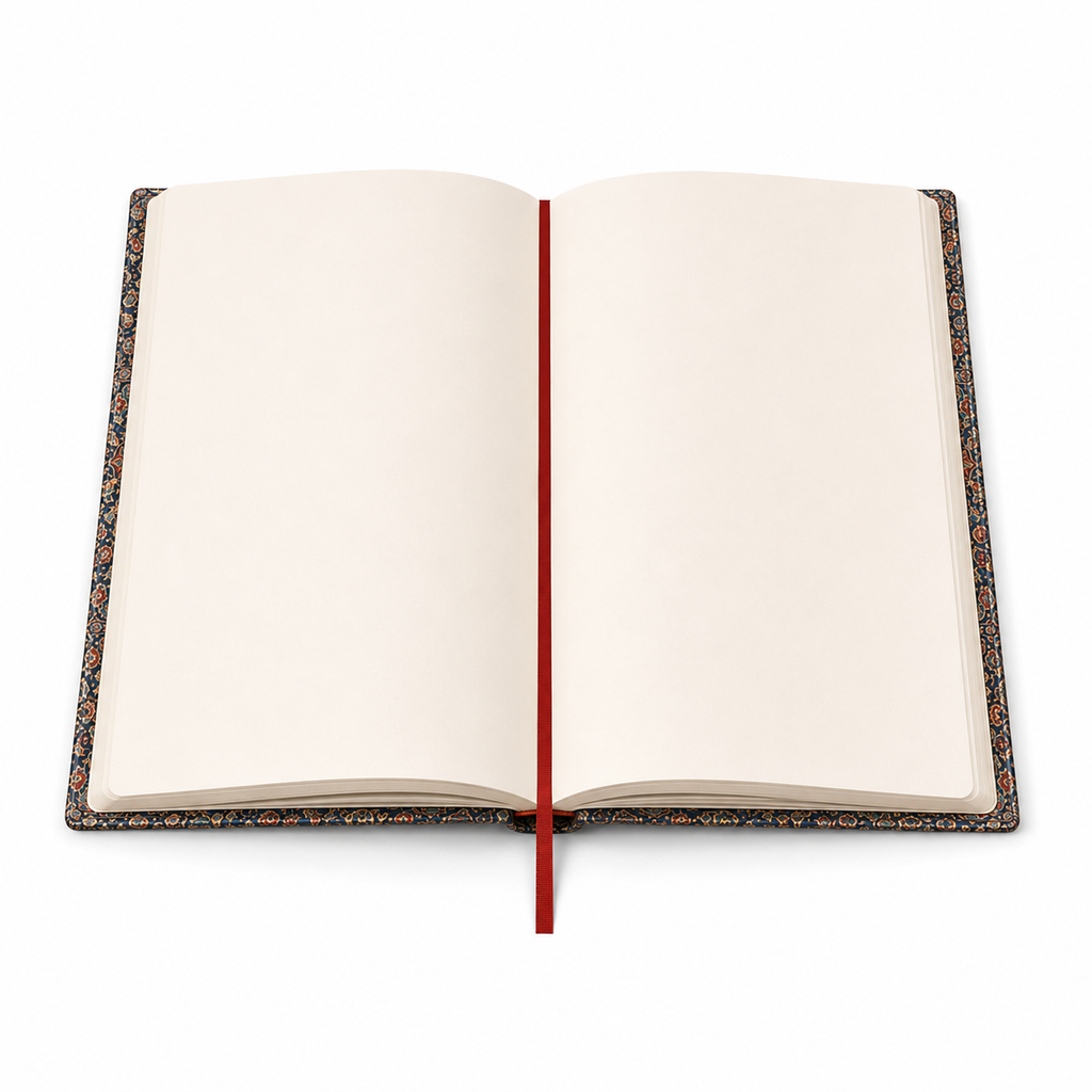 Cuaderno abierto mostrando 144 páginas rayadas y cinta marcadora roja