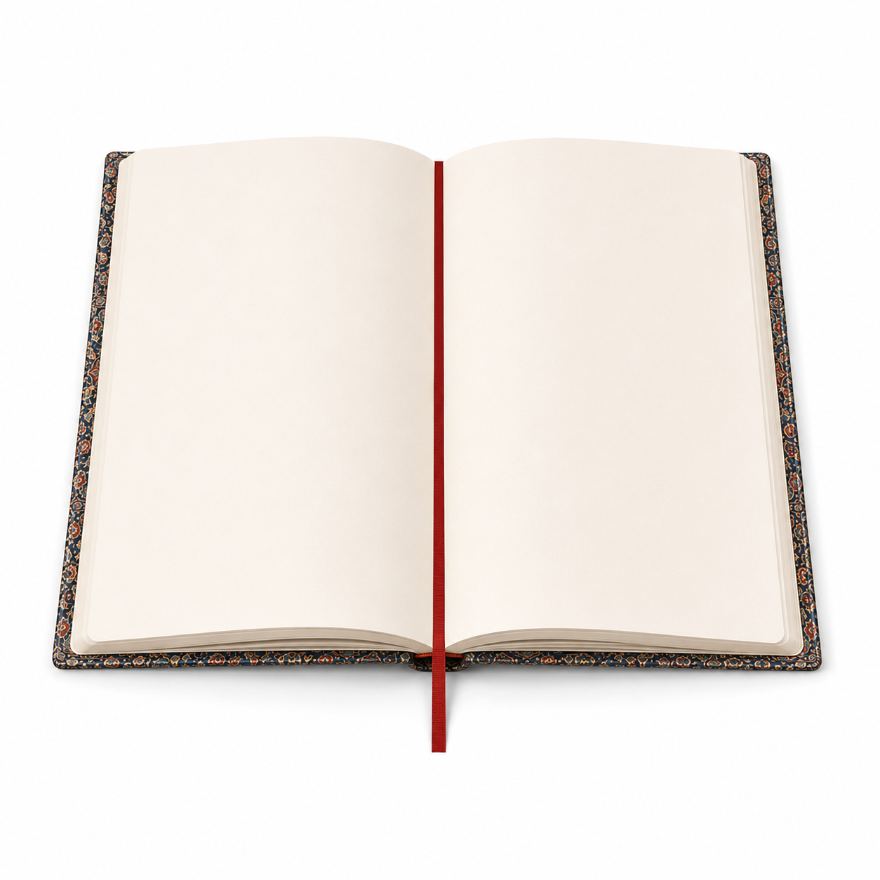Cuaderno abierto mostrando 144 páginas rayadas y cinta marcadora roja