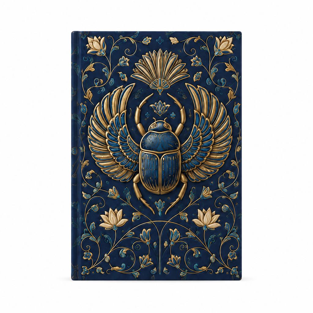 Detalle ornamental del escarabajo y motivos egipcios en la cubierta