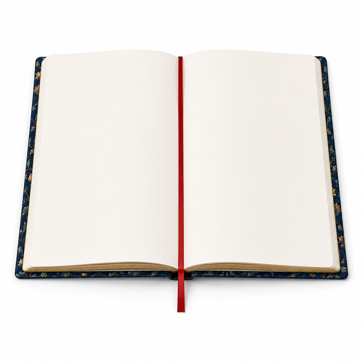 Cuaderno abierto mostrando 168 páginas rayadas y cinta marcadora roja