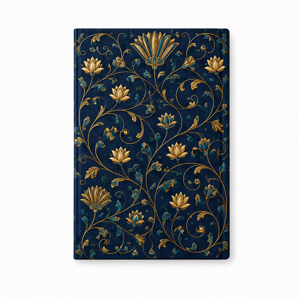 Vista trasera del cuaderno con motivos egipcios en azul y oro