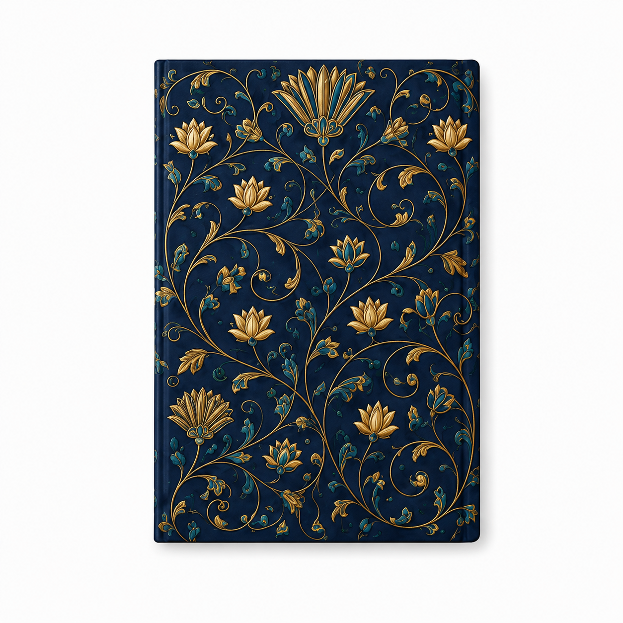Vista trasera del cuaderno con motivos egipcios en azul y oro