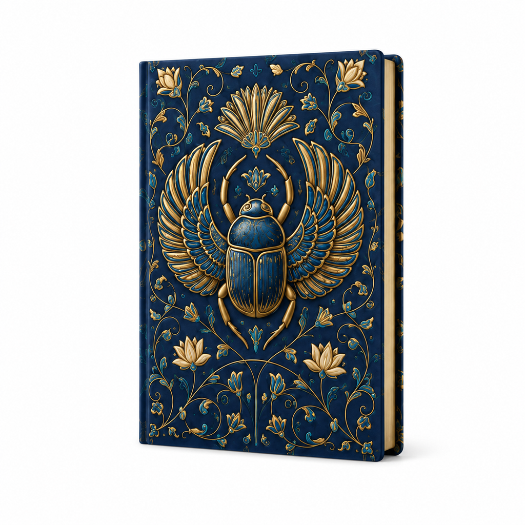 Cuaderno tapa dura con escarabajo egipcio dorado sobre fondo azul, vista frontal