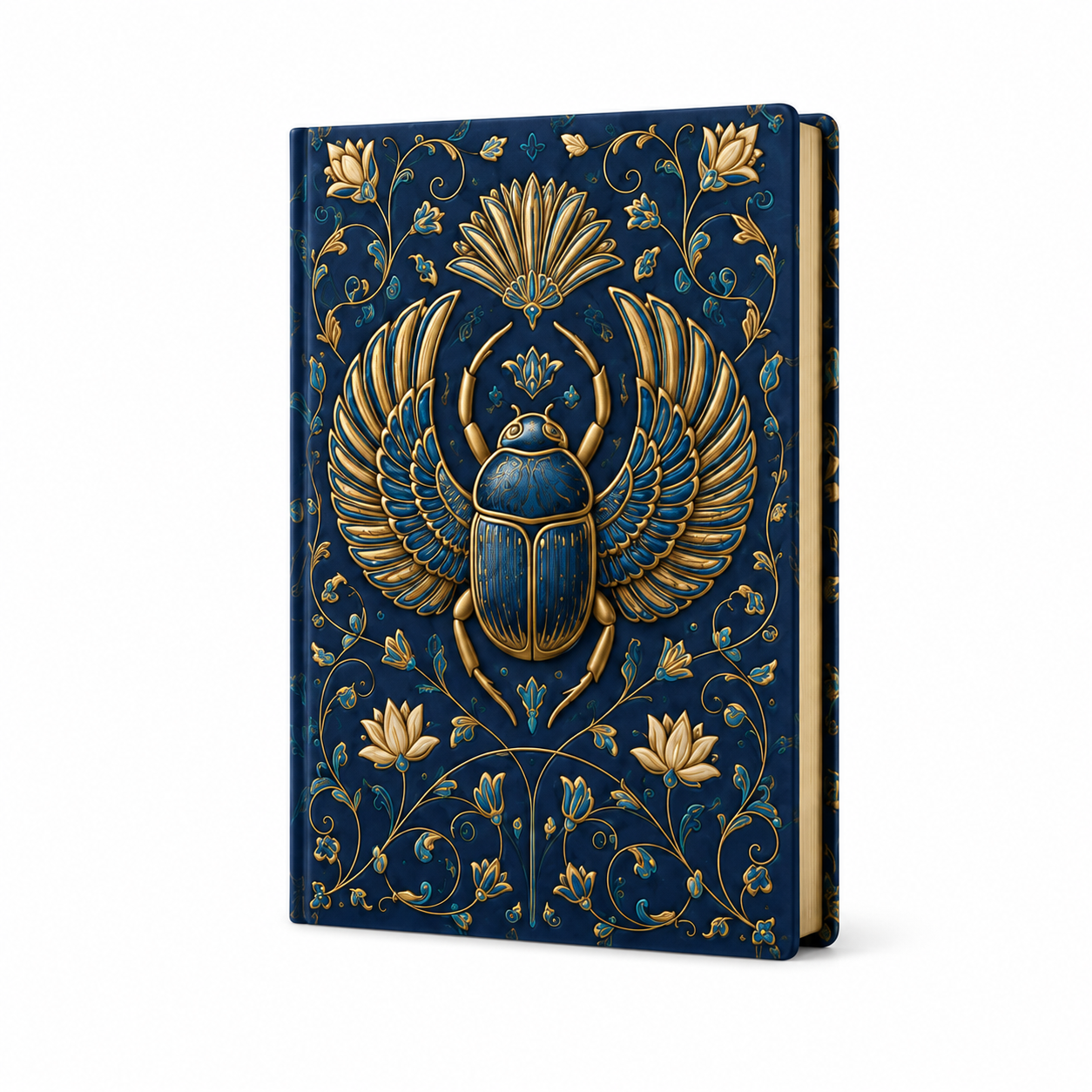 Cuaderno tapa dura con escarabajo egipcio dorado sobre fondo azul, vista frontal