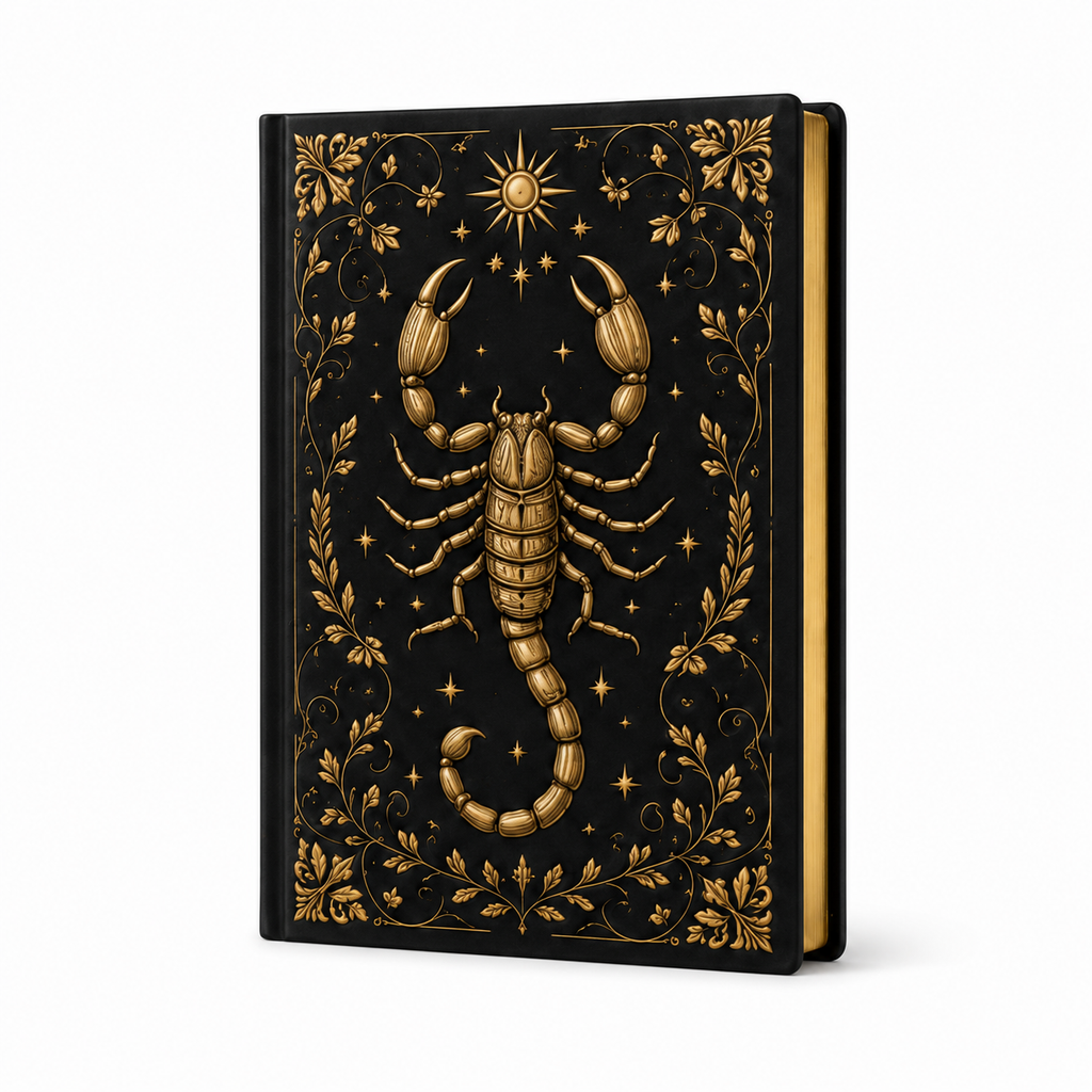 Cuaderno tapa dura con escorpión dorado del zodiaco sobre fondo negro, vista frontal