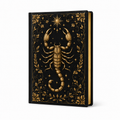 Cuaderno tapa dura con escorpión dorado del zodiaco sobre fondo negro, vista frontal