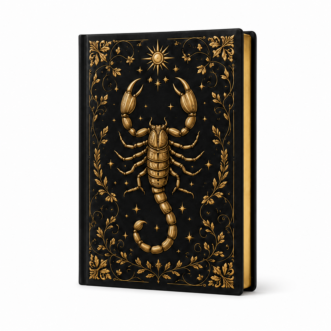 Cuaderno tapa dura con escorpión dorado del zodiaco sobre fondo negro, vista frontal