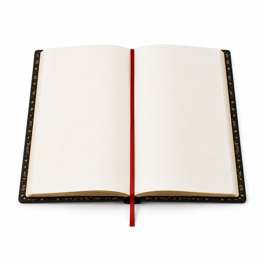 Cuaderno abierto mostrando 144 páginas lisas y cinta marcadora roja