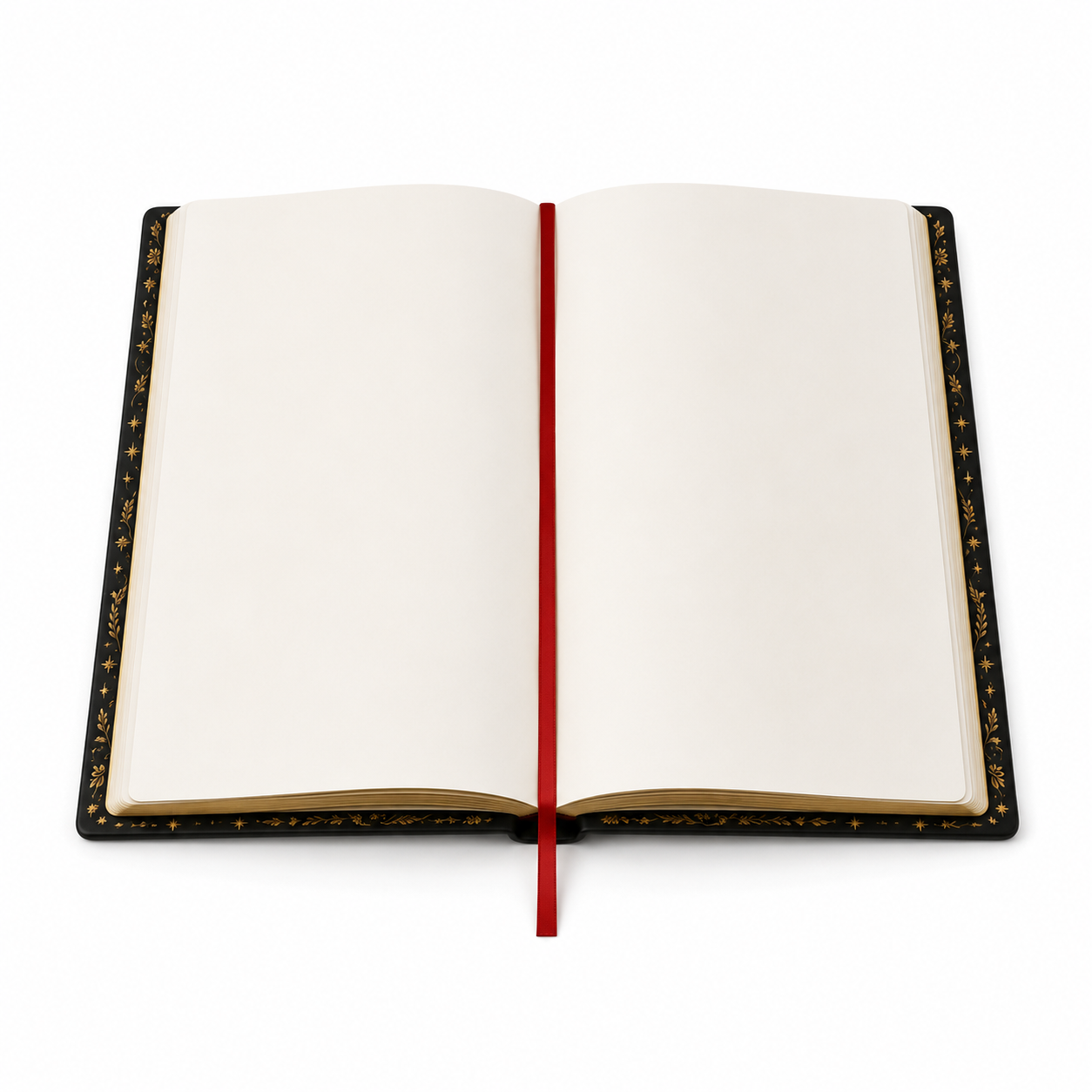 Cuaderno abierto mostrando 144 páginas lisas y cinta marcadora roja