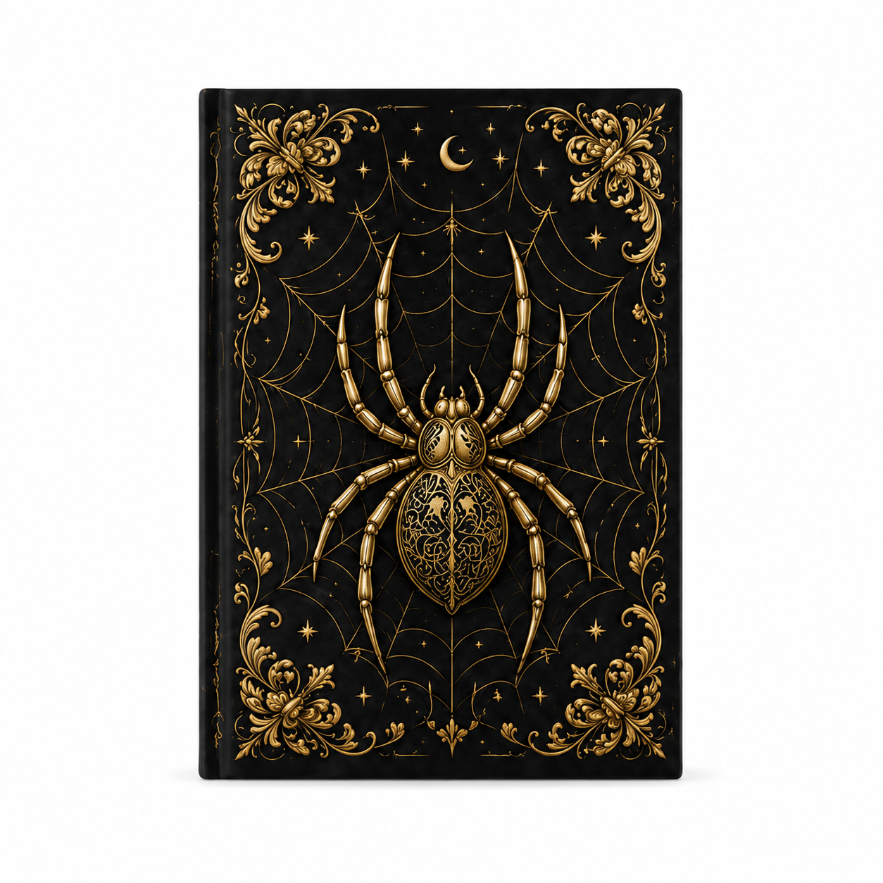 Detalle ornamental de la araña dorada en la cubierta del cuaderno