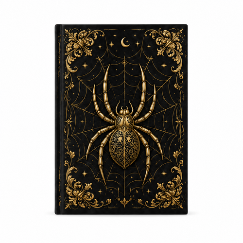 Detalle ornamental de la araña dorada en la cubierta del cuaderno