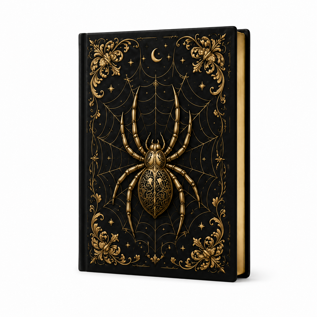 Cuaderno tapa dura con araña dorada sobre fondo negro celestial, vista frontal