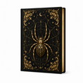 Cuaderno tapa dura con araña dorada sobre fondo negro celestial, vista frontal