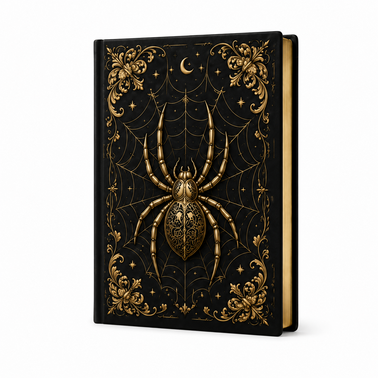 Cuaderno tapa dura con araña dorada sobre fondo negro celestial, vista frontal
