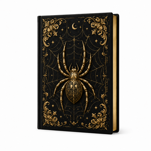 Cuaderno tapa dura con araña dorada sobre fondo negro celestial, vista frontal