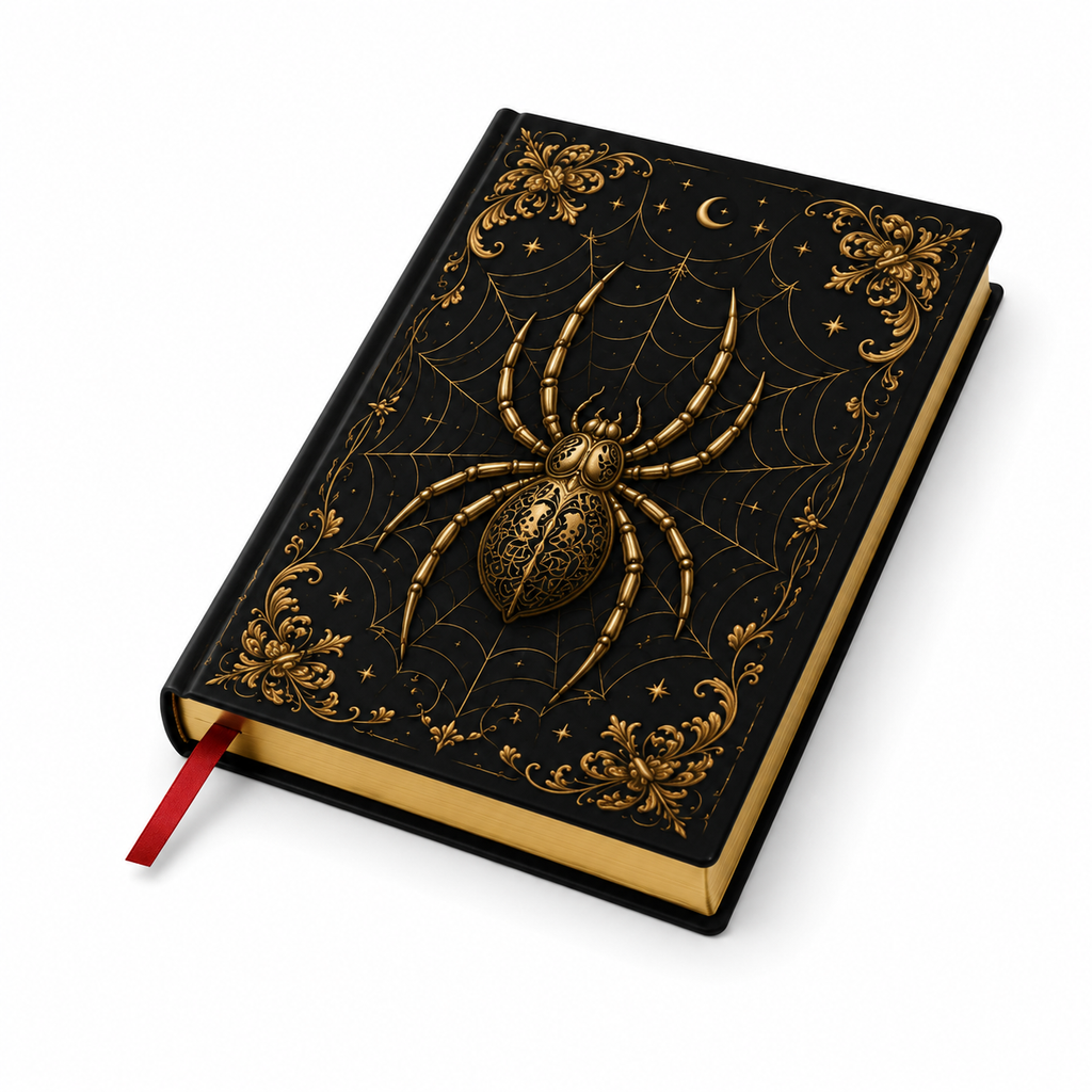 Cuaderno tapa dura con solapa plegable cerrada y cinta marcadora, vista lateral