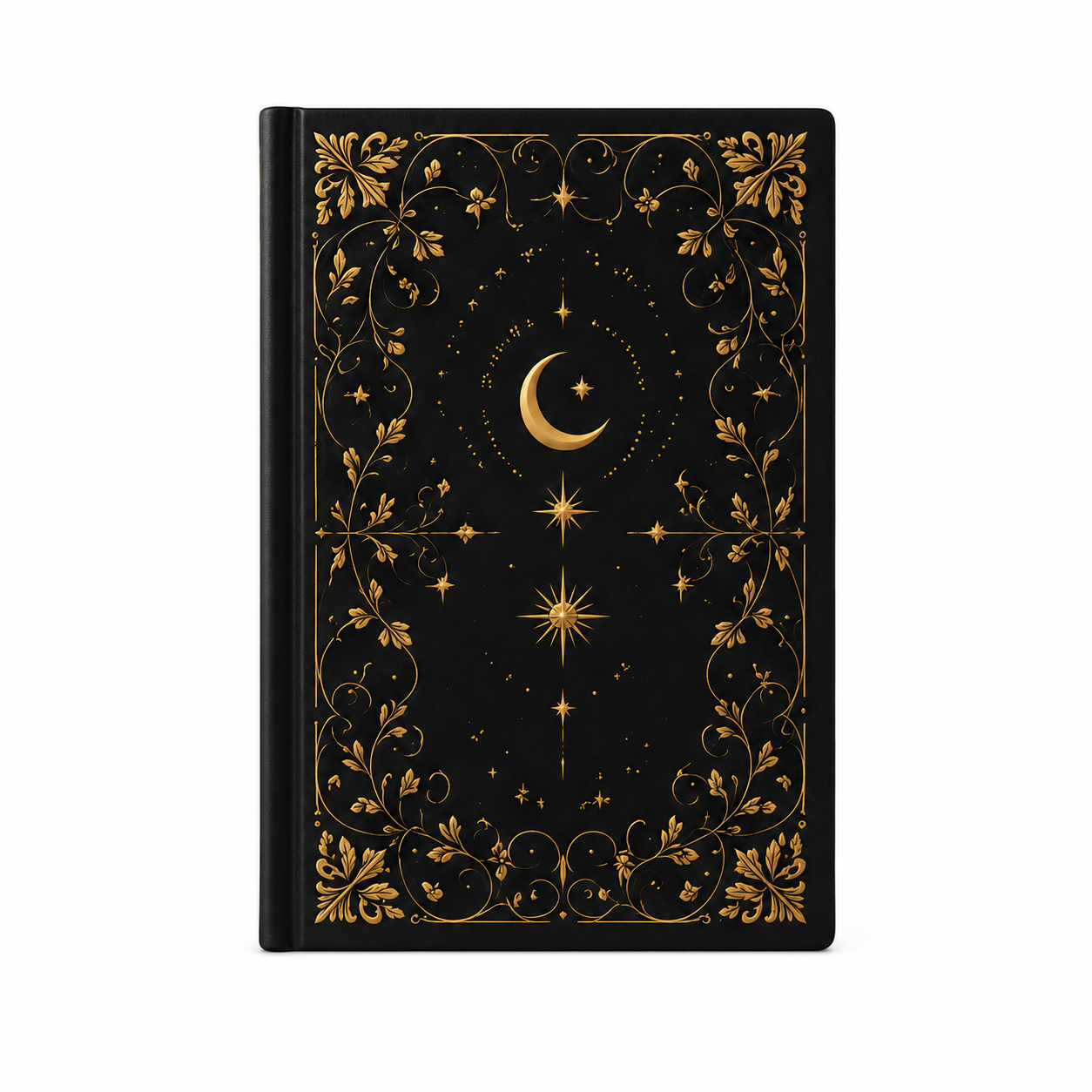 Vista trasera del cuaderno con motivos celestiales en negro y oro