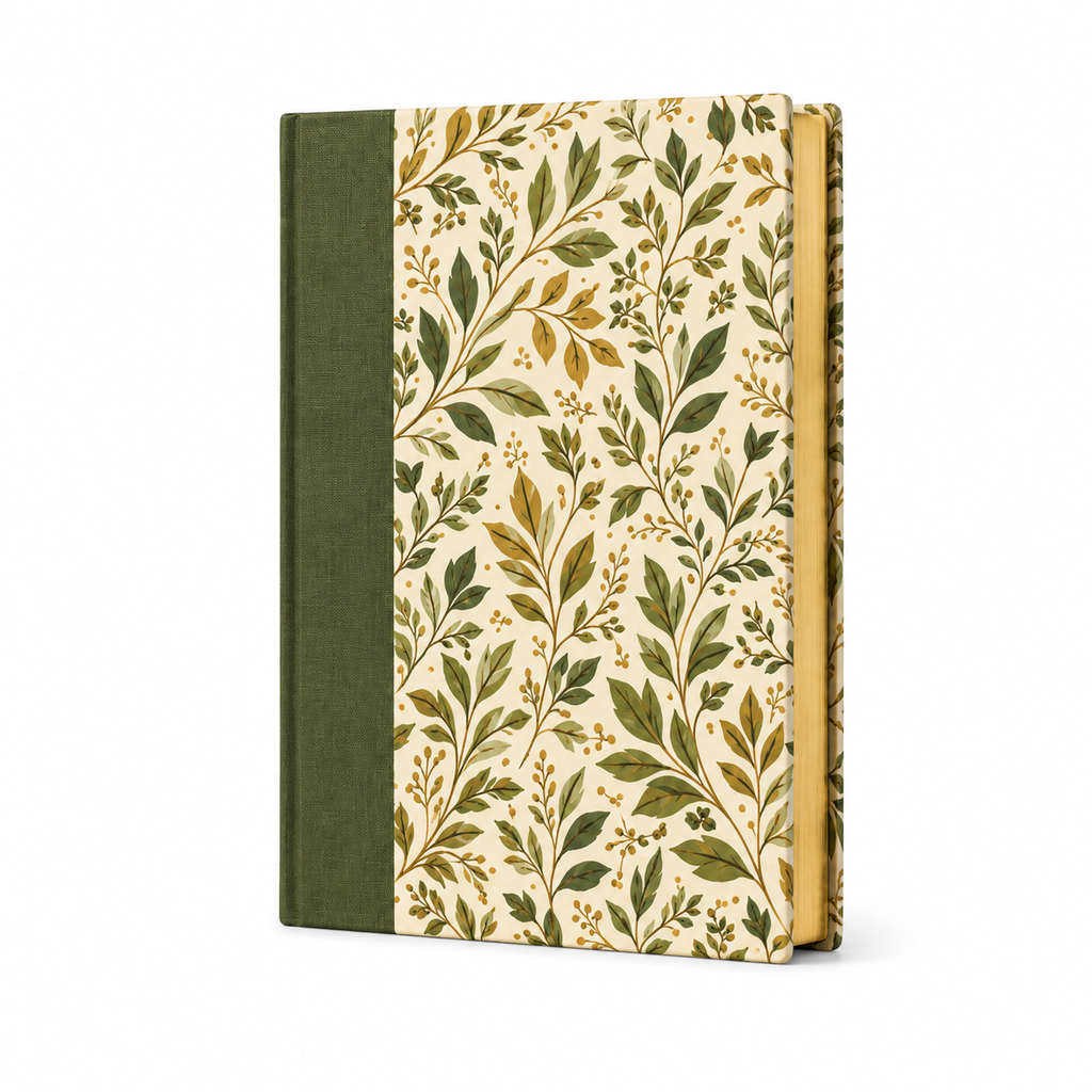 Cuaderno tapa dura con diseño botánico verde de hojas y flores, vista frontal