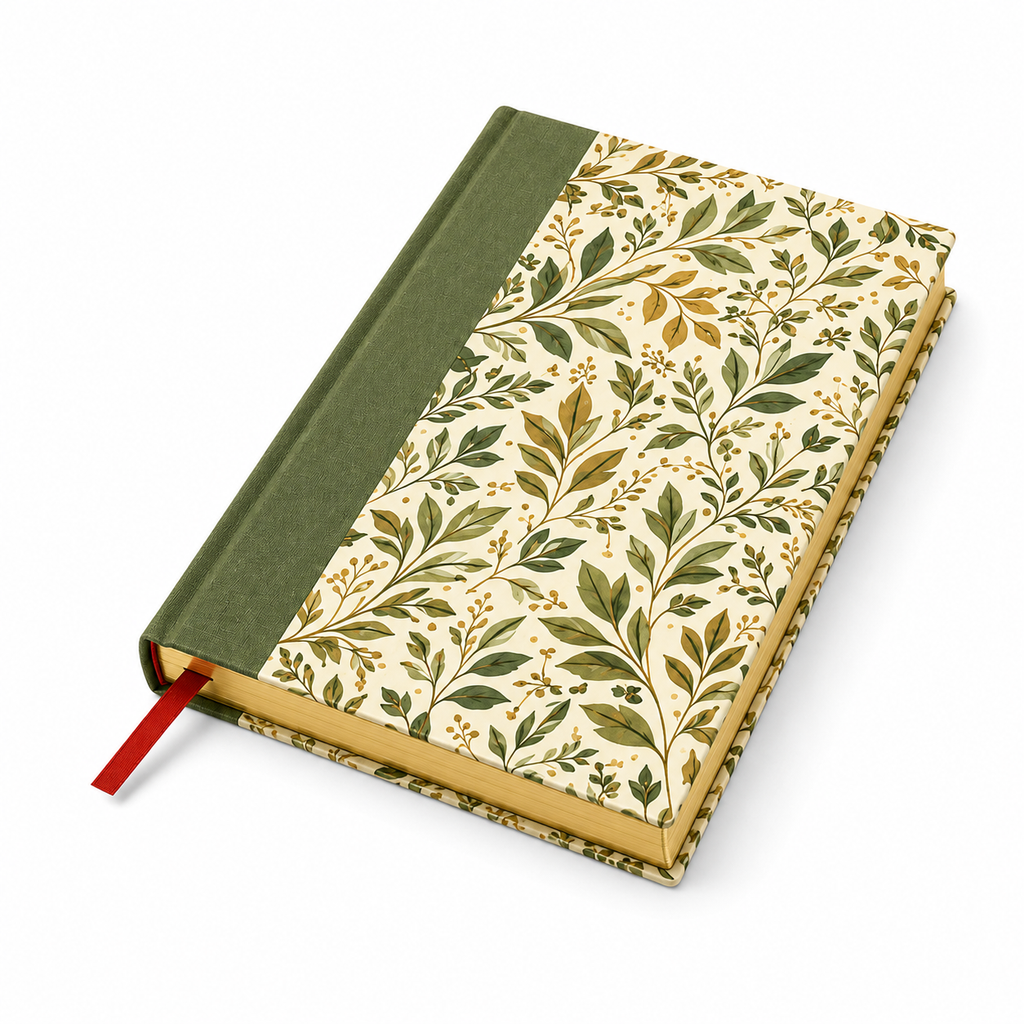 Cuaderno tapa dura con corte decorado y cinta marcadora, vista lateral