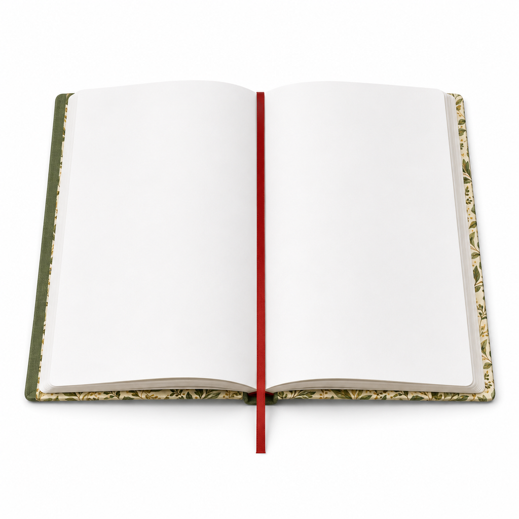 Cuaderno abierto mostrando páginas rayadas y cinta marcadora roja