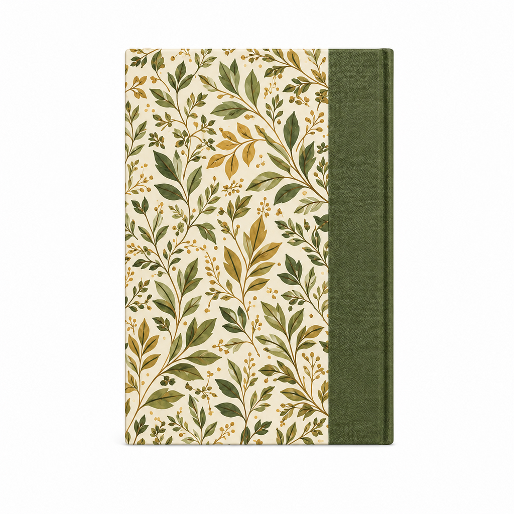 Vista trasera del cuaderno con motivo botánico continuo