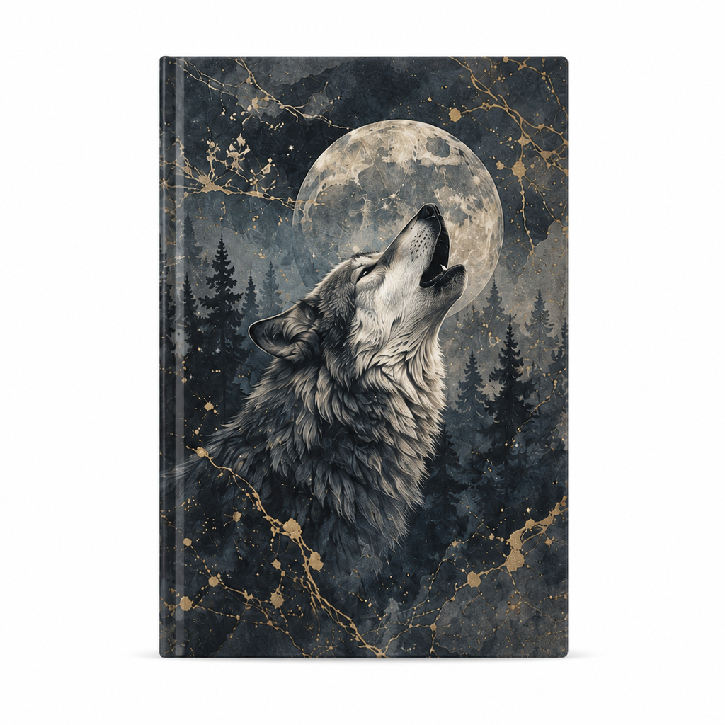 Detalle del lobo y la luna sobre el bosque nocturno en la cubierta