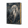 Cuaderno tapa dura con lobo aullando bajo la luna llena, vista frontal