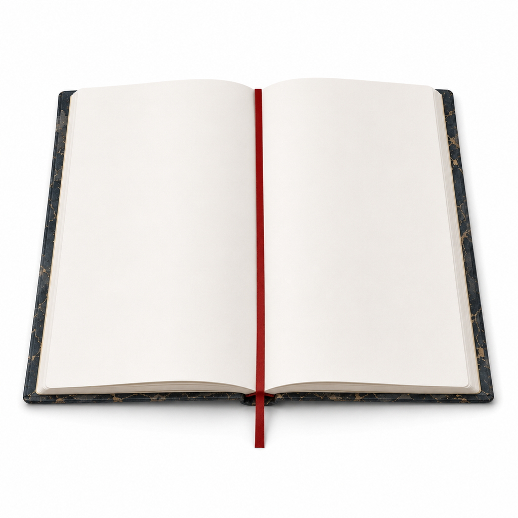 Cuaderno abierto mostrando 129 páginas rayadas y cinta marcadora roja