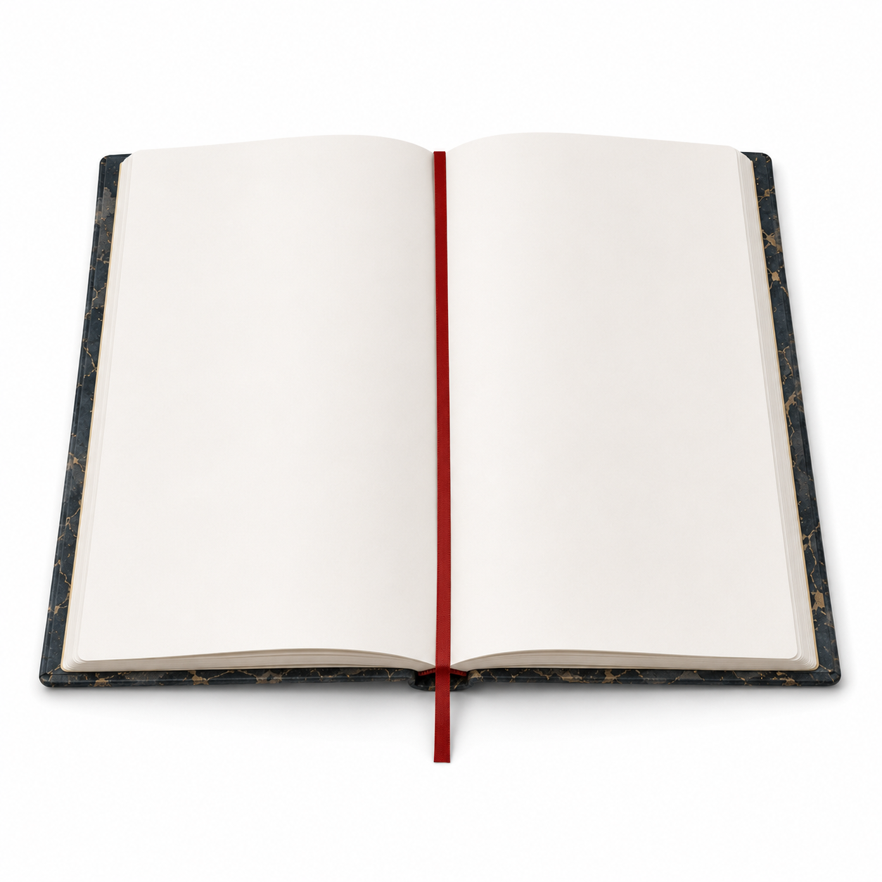 Cuaderno abierto mostrando 129 páginas rayadas y cinta marcadora roja
