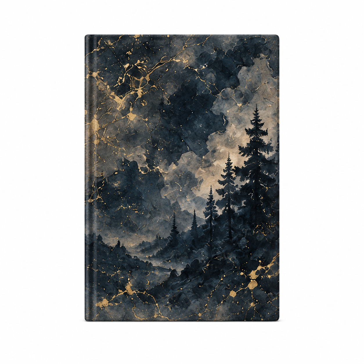 Vista trasera del cuaderno con paisaje forestal nocturno