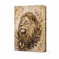 Cuaderno tapa dura con león heráldico sobre fondo sepia, vista frontal