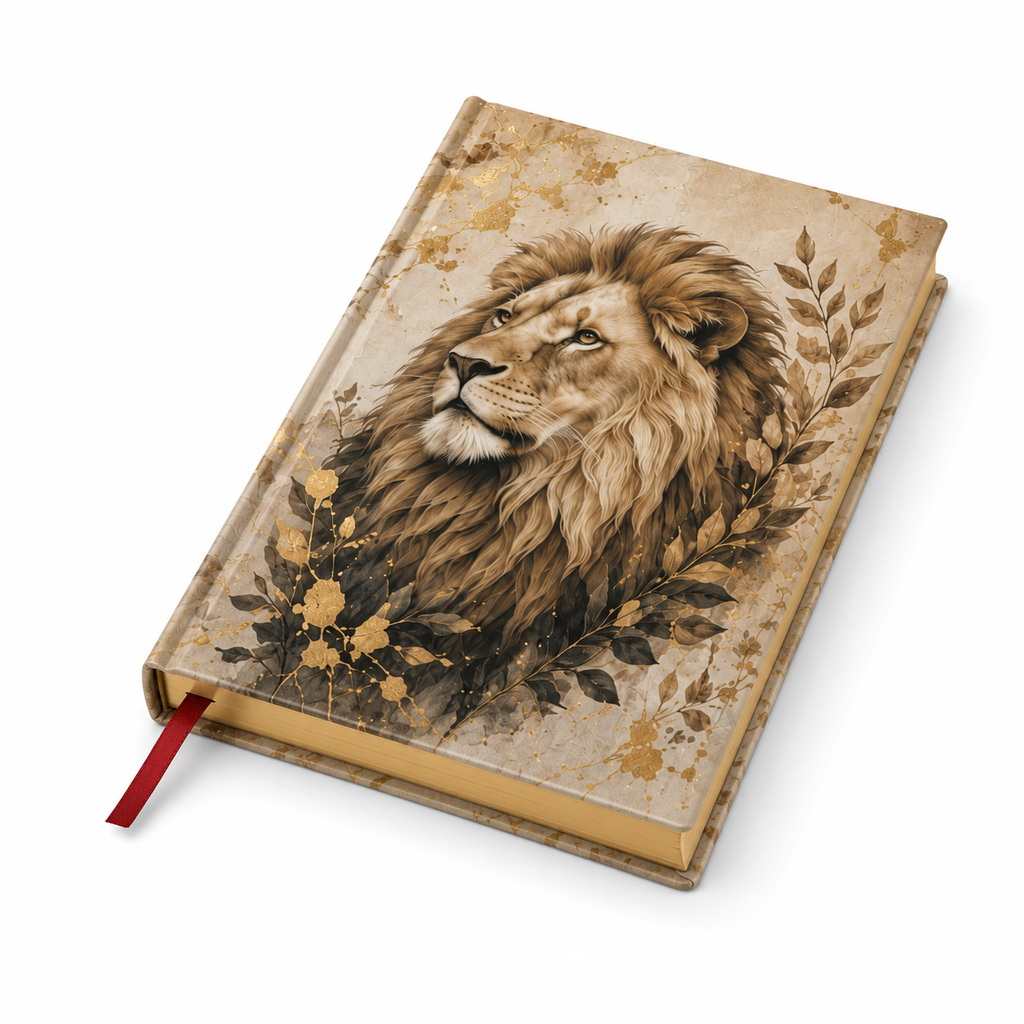Cuaderno tapa dura con solapa plegable y cinta marcadora, vista lateral