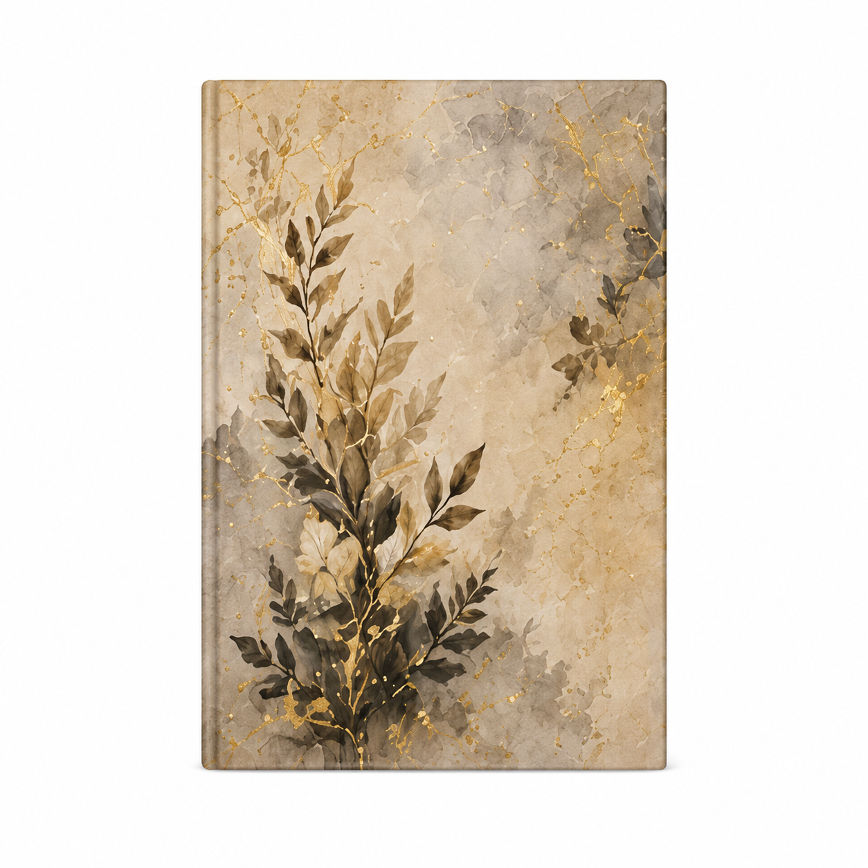 Vista trasera del cuaderno con motivo botánico en tonos amarillos